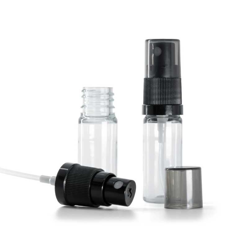 Clear Plastic Bottle, Black Fine Mist Sprayer, Smoky Overcap, 10 ml