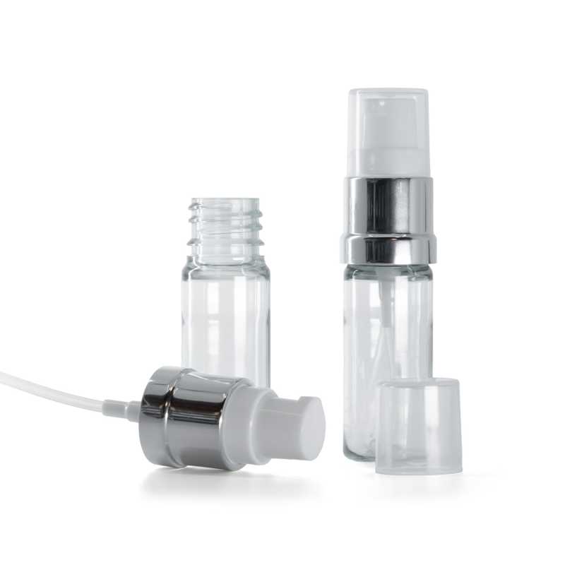 Clear Plastic Bottle, Glossy Silver White Pump, 10 ml
