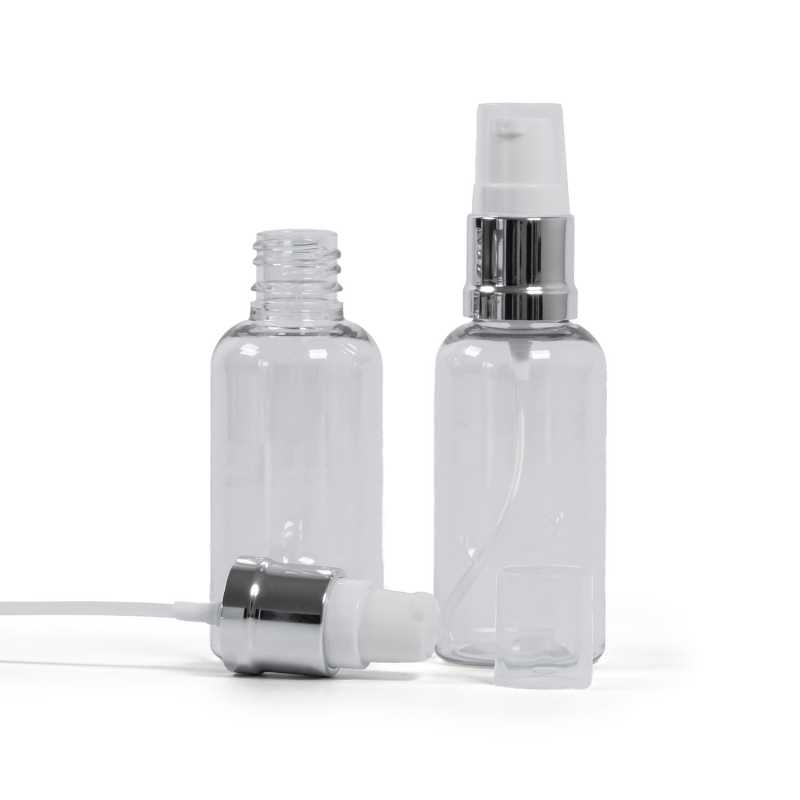 Clear Plastic Bottle, Glossy Silver White Pump, 50 ml