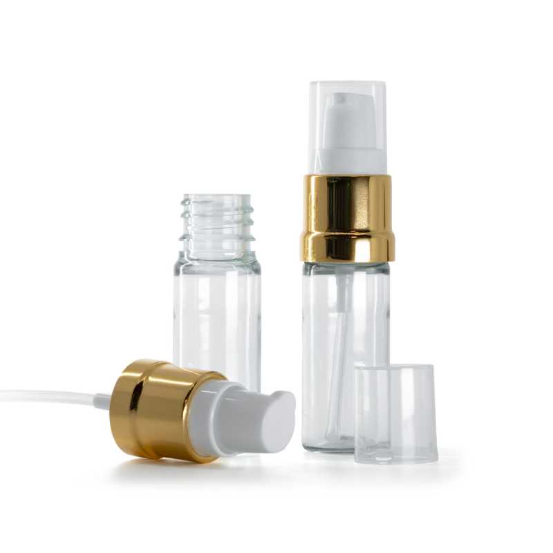 Clear Plastic Bottle, Glossy Gold White Pump, 10 ml