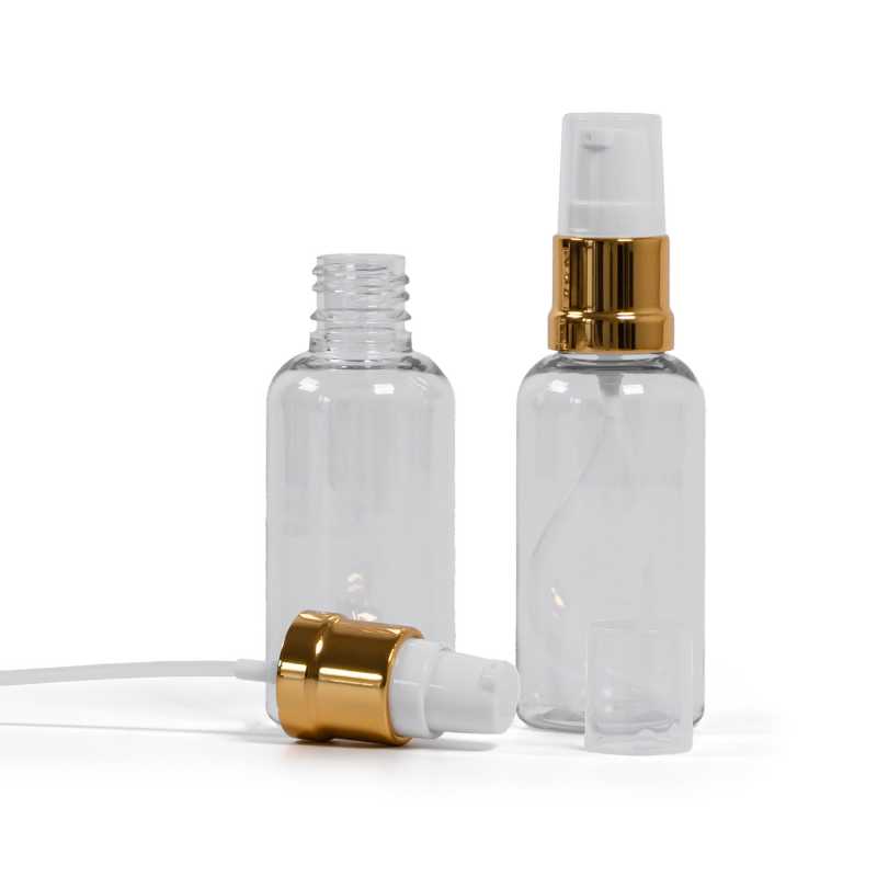 Clear Plastic Bottle, Glossy Gold White Pump, 50 ml