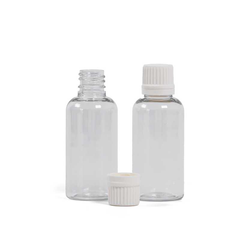 Clear Plastic Bottle, White Tamper Evident Cap, 50 ml