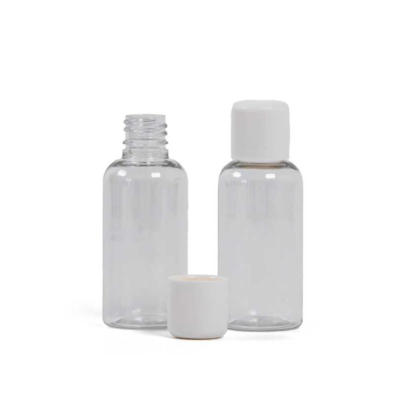 Clear Plastic Bottle, White Safety Cap, 50 ml