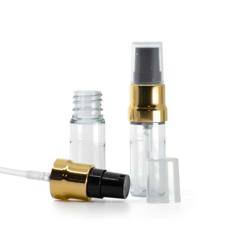 Clear Plastic Bottle, Glossy Gold Black Pump With Clear Overcap, 10 ml