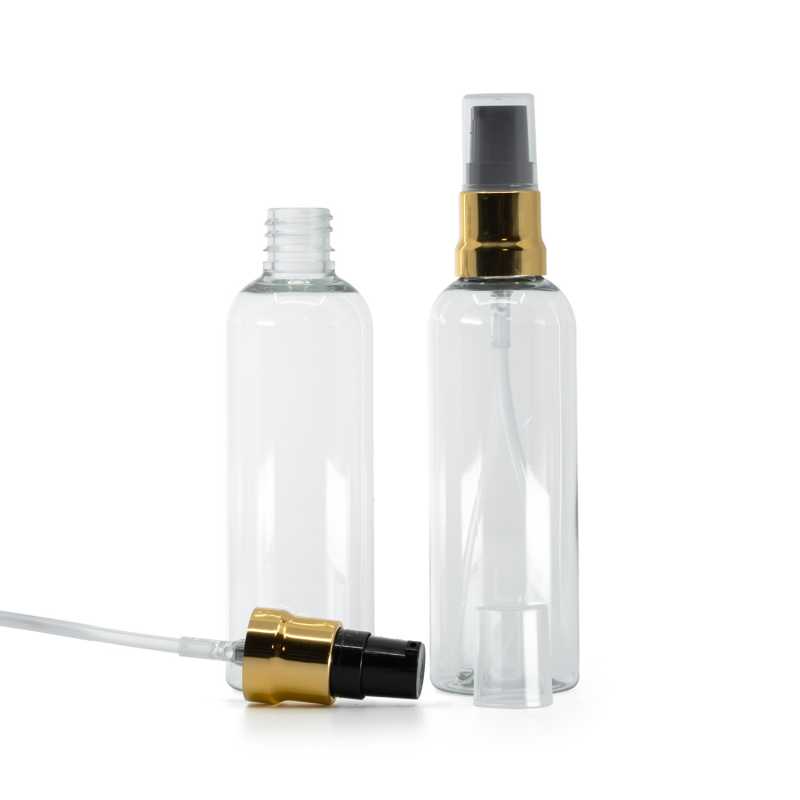 Clear Plastic Bottle, Glossy Gold Black Pump With Clear Overcap, 100 ml