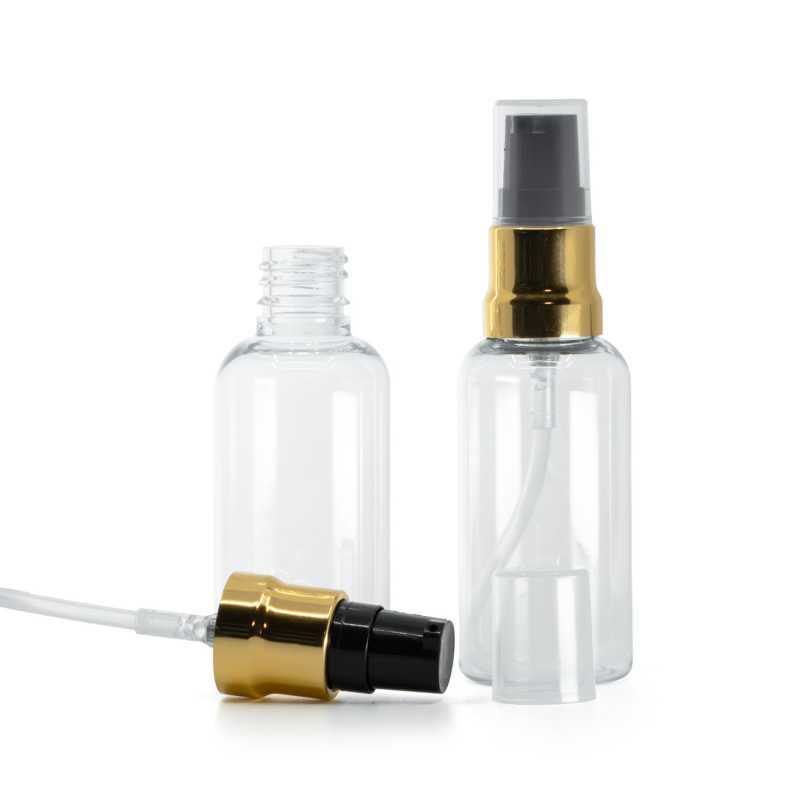 Clear Plastic Bottle, Glossy Gold Black Pump With Clear Overcap, 50 ml
