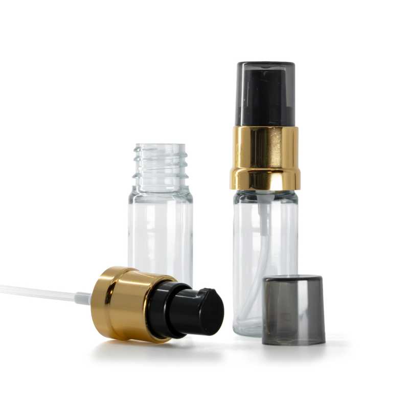 Clear Plastic Bottle, Glossy Gold Black Pump with Smoky Overcap, 10 ml