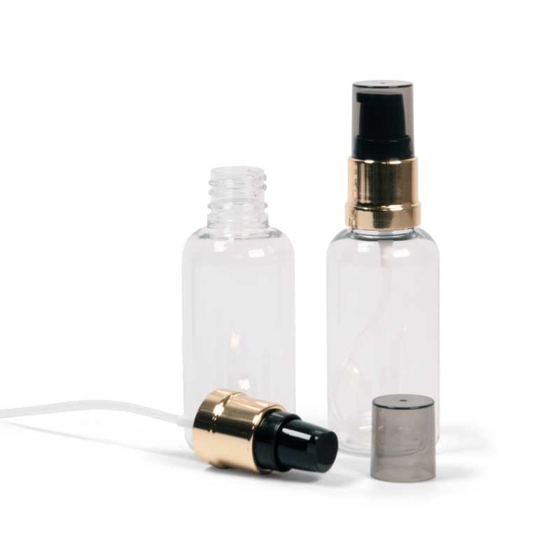 Clear Plastic Bottle, Glossy Gold Black Pump with Smoky Overcap, 50 ml