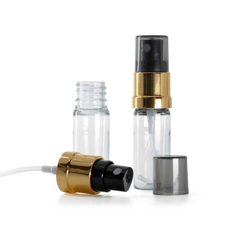 Clear Plastic Bottle, Gold Black Spray, Smokey Overcap, 10 ml