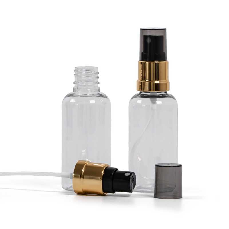 Clear Plastic Bottle, Gold Black Spray, Smokey Overcap, 50 ml