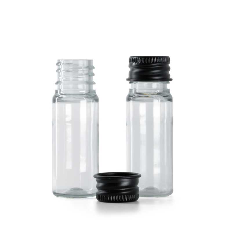 Clear Plastic Bottle, Black Aluminium Cap, 10 ml