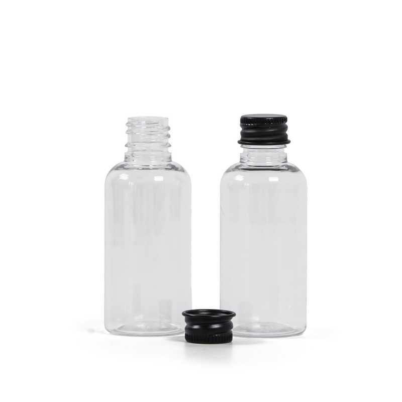 Clear Plastic Bottle, Black Aluminium Cap, 50 ml