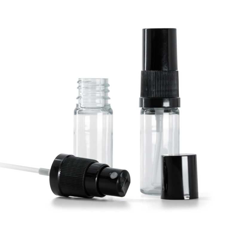 Clear Plastic Bottle, Black Fine Mist Sprayer, Black Overcap, 10 ml