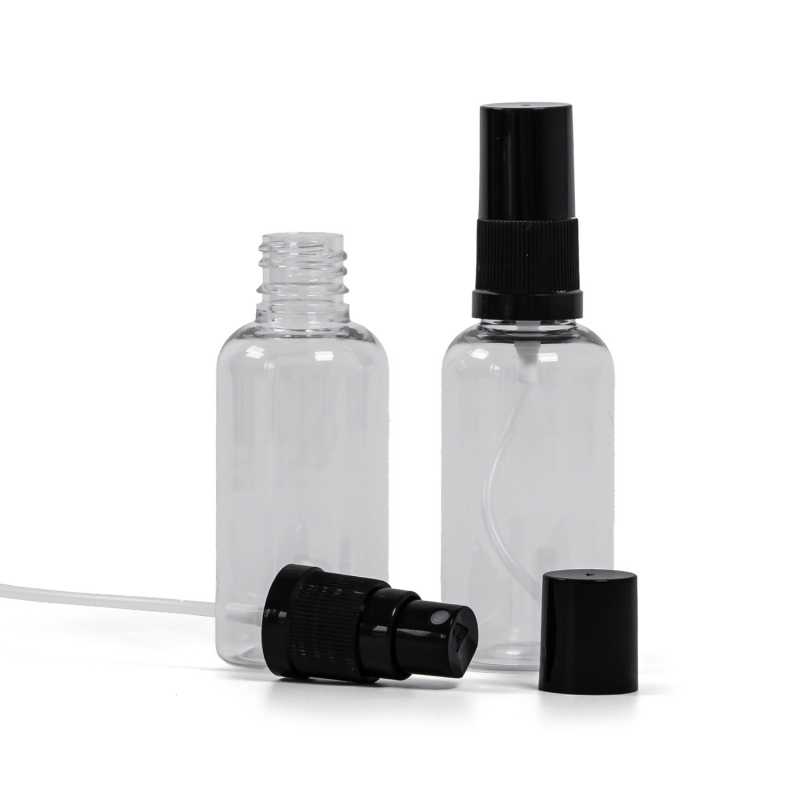 Clear Plastic Bottle, Black Fine Mist Sprayer, Black Overcap, 50 ml