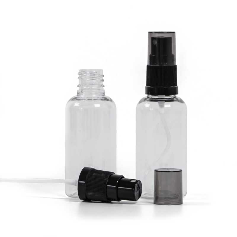 Clear Plastic Bottle, Black Fine Mist Sprayer, Smoky Overcap, 50 ml