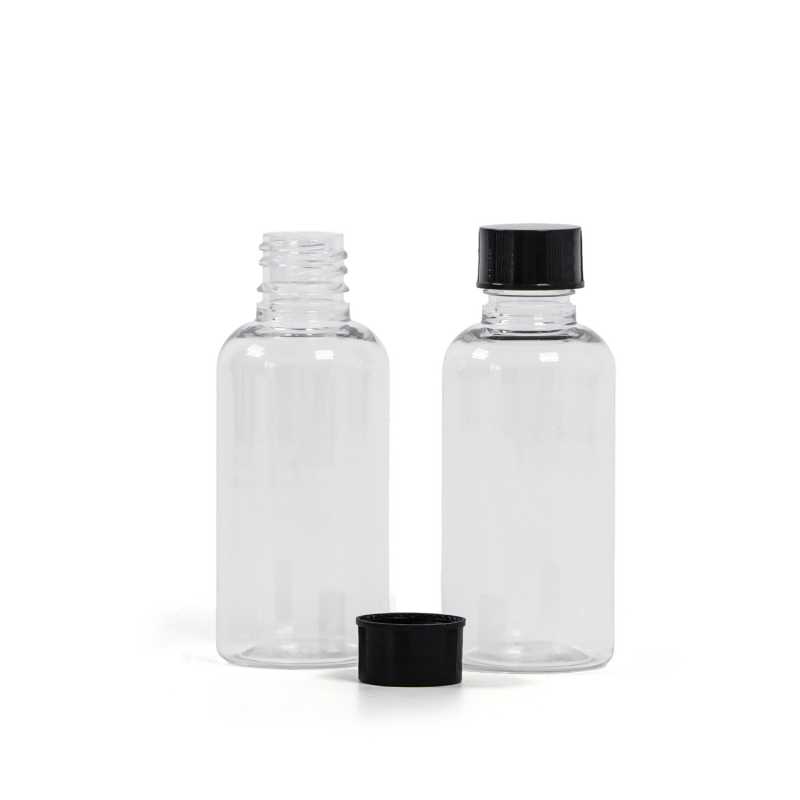 Clear Plastic Bottle, Black Cap, 50 ml
