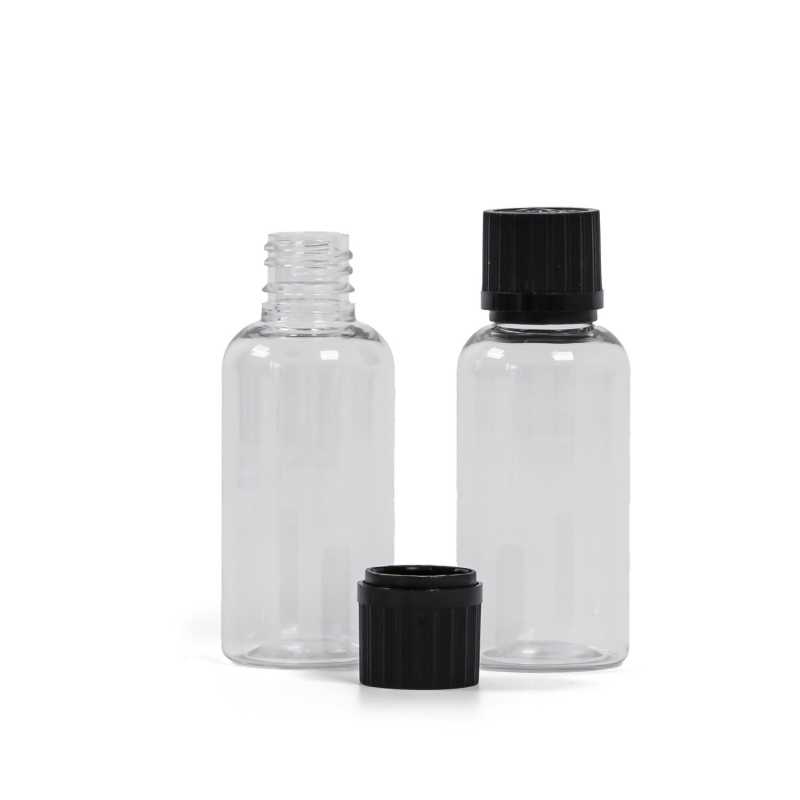 Clear Plastic Bottle, Black Safety Cap, 50 ml