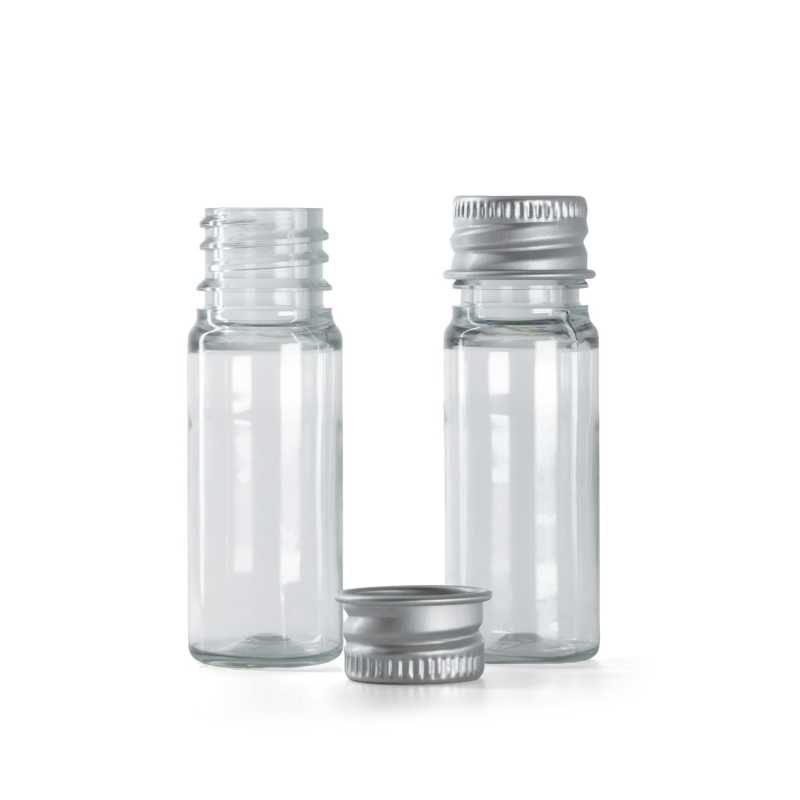 Clear Plastic Bottle, Silver Aluminium Cap, 10 ml