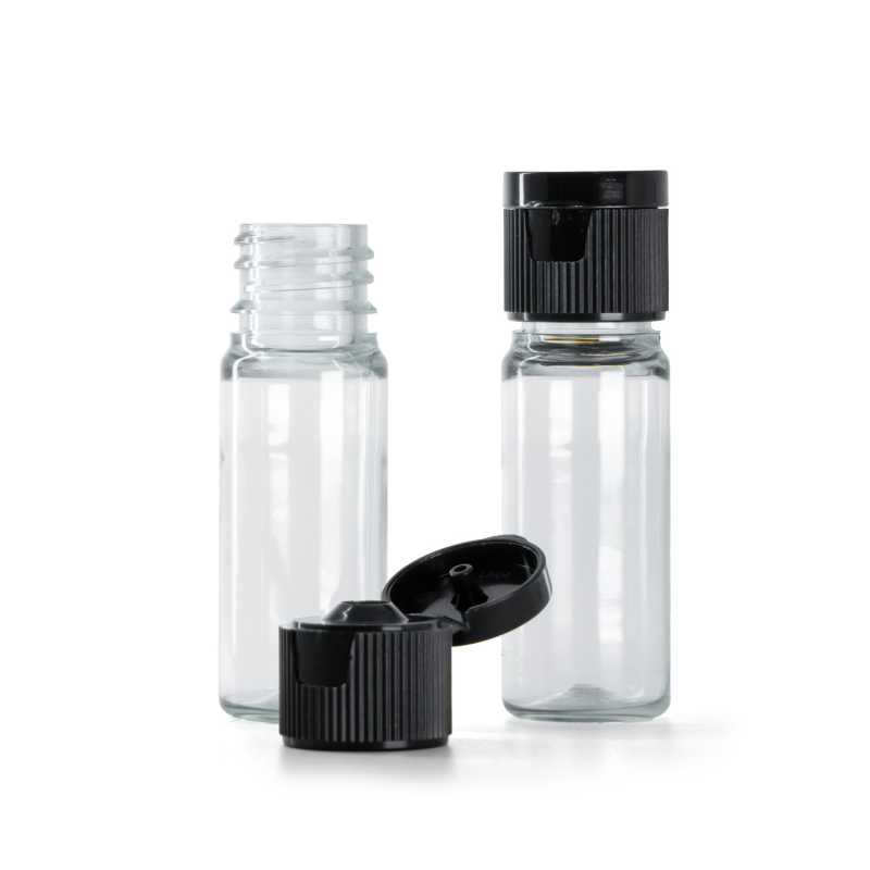Clear Plastic Bottle, Black Plastic Flip Top Cap, 18/410, 10 ml