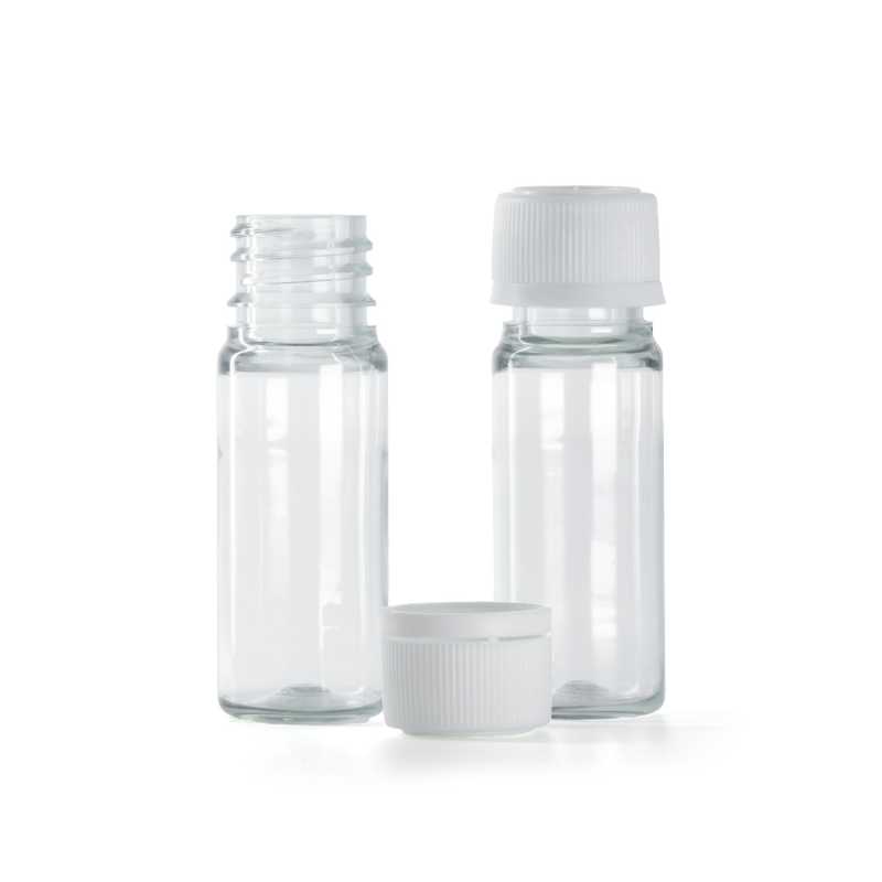 Clear Plastic Bottle, White Plastic Tamper Evident Cap, Ribbed, 18/410, 10 ml