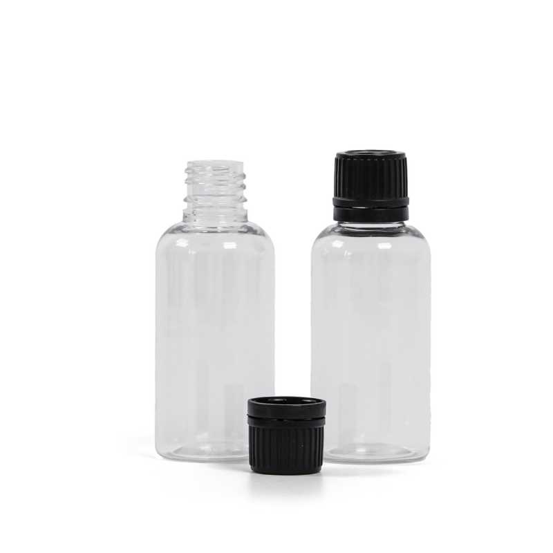 Clear Plastic Bottle, Ribbed Black Cap, 50 ml