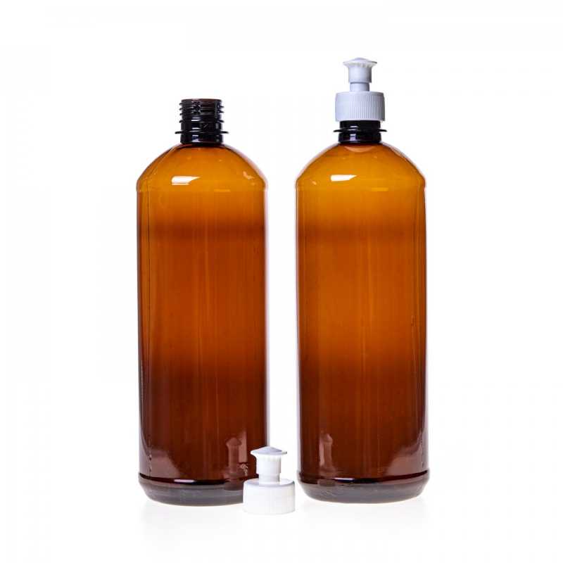 Brown Plastic Bottle, White Push-Pull, 1000 ml