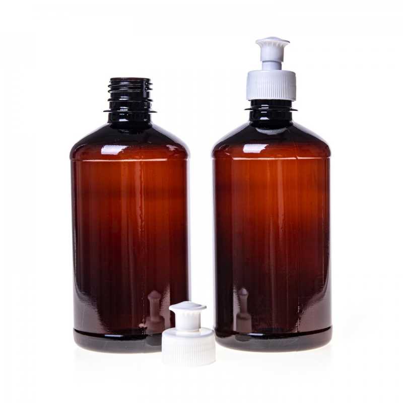 Brown Plastic Bottle, White Push-Pull, 500 ml