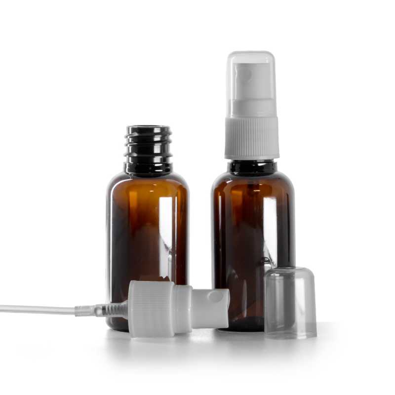 Amber Plastic Bottle, White Spray Pump For Plastic Bottle, 30 ml