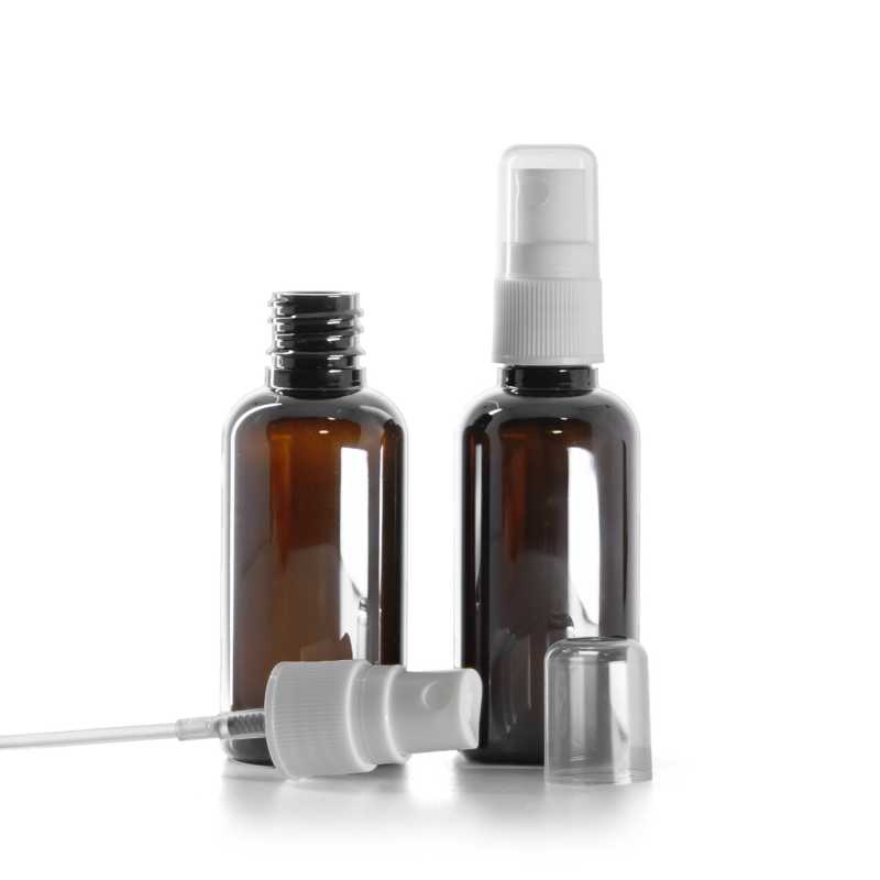 Amber Plastic Bottle, White Spray Pump For Plastic Bottle, 50 ml