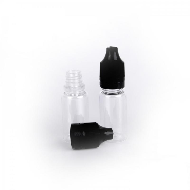 Plastic bottle transparent. Volume: 10 mlBottle height: 54,5 mmDiameter of neck: 10,0 mmThe packaging is certified for use in cosmetics.Plastic cap in black wit