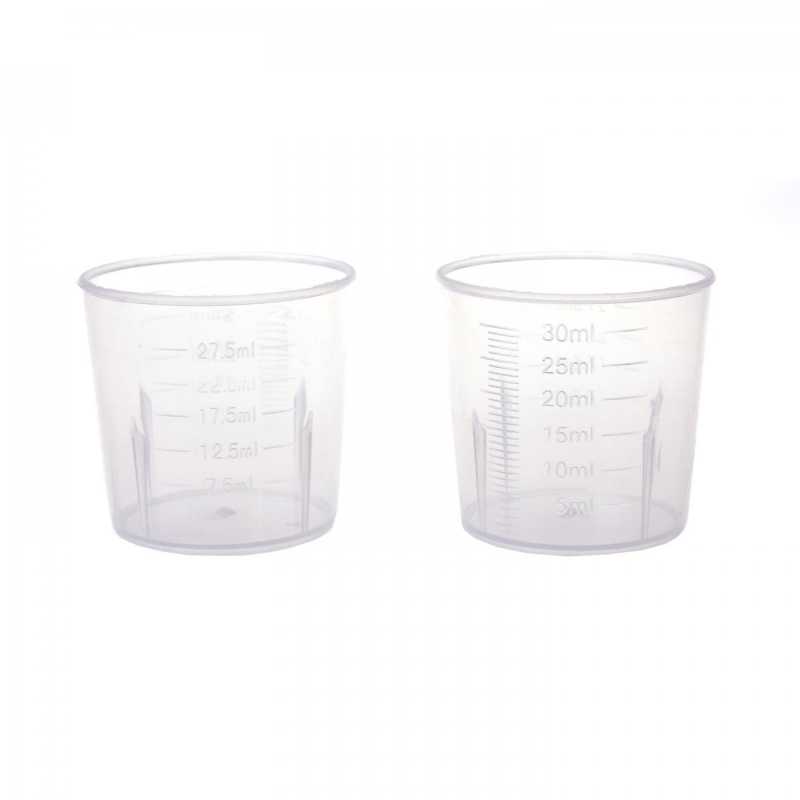 Small plastic container with measuring cup up to 30 ml with 5 ml parts. It is ideal for mixing liquid and powder dyes for soaps, waxes, measuring smaller quanti
