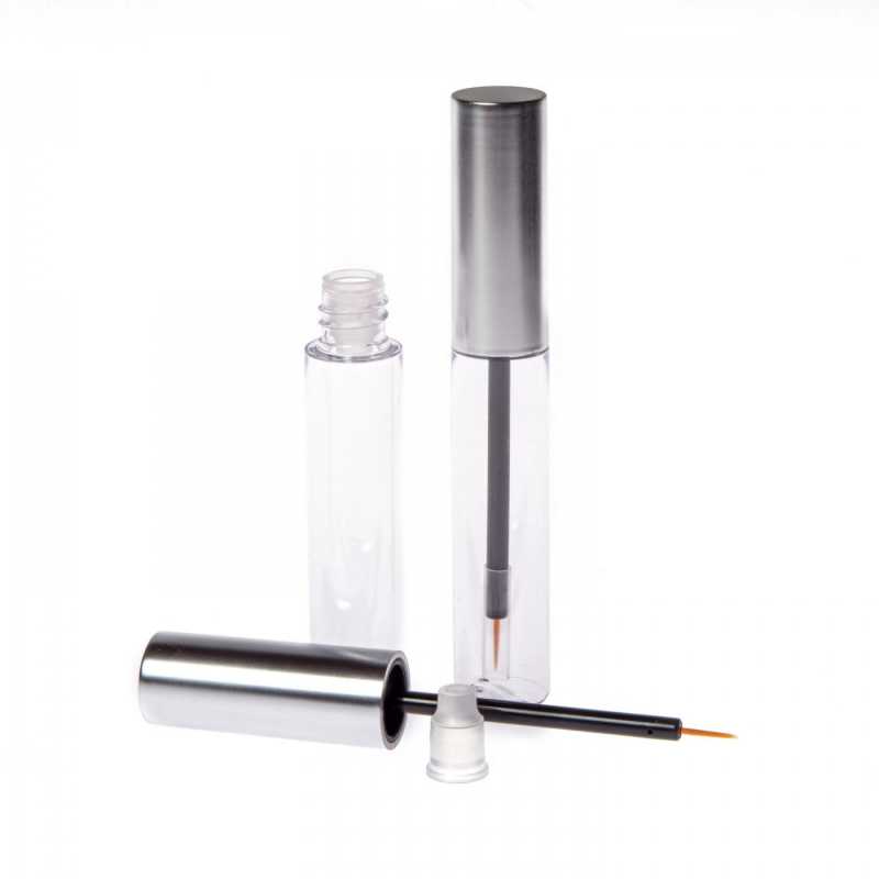 Plastic tube with fine brush for eyeliner.The tube is transparent and has a glossy plastic lid. A centre section is inserted into the neck of the tube for wipin