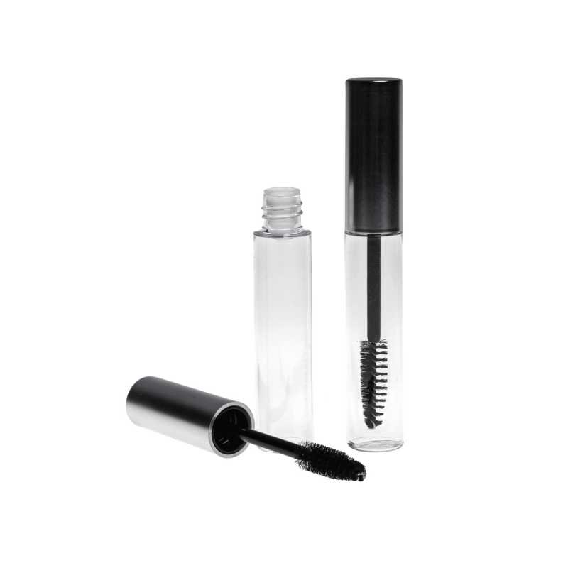 Plastic tube with brush for mascara. The tube is transparent and has a glossy plastic lid. A centre section is inserted into the neck of the tube to wipe the br