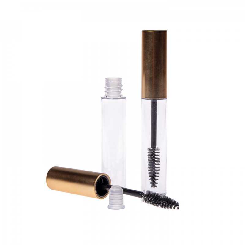 Plastic tube with brush for mascara. The tube is transparent and has a glossy plastic lid. A centre section is inserted into the neck of the tube to wipe the br