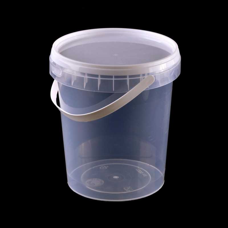 Transparent plastic bucket with transparent lid and locking handle for holding. When closed, the latch clicks into place and must be removed before opening the 