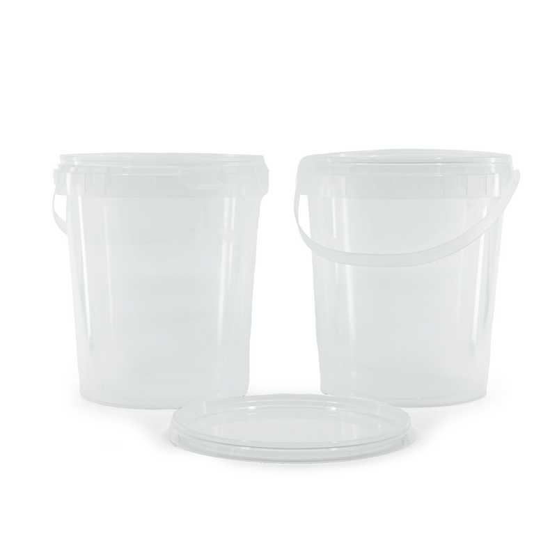 Transparent plastic bucket with transparent lid and locking handle for holding. When closed, the latch clicks into place and must be removed before opening the 