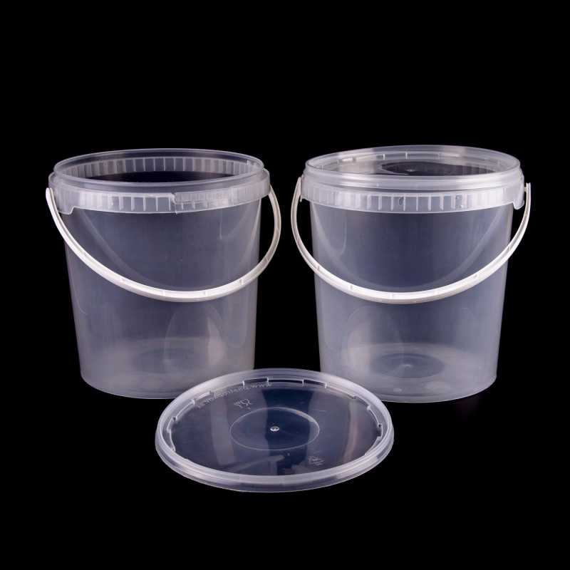 Transparent plastic bucket with handle and safety seal with a capacity of 10.7 l, has very good resistance to alcohols, acids, alkalis, aldehydes, aliphatic and