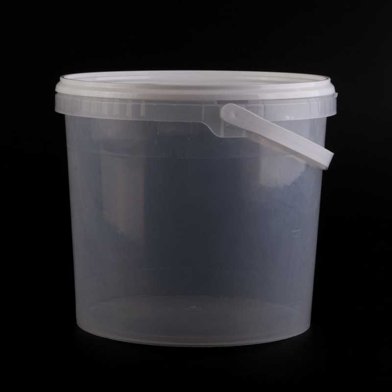 White plastic bucket with handle with a capacity of 5700 ml suitable for storing solid and liquid substances. The bucket is food certified.Height with lid is 21