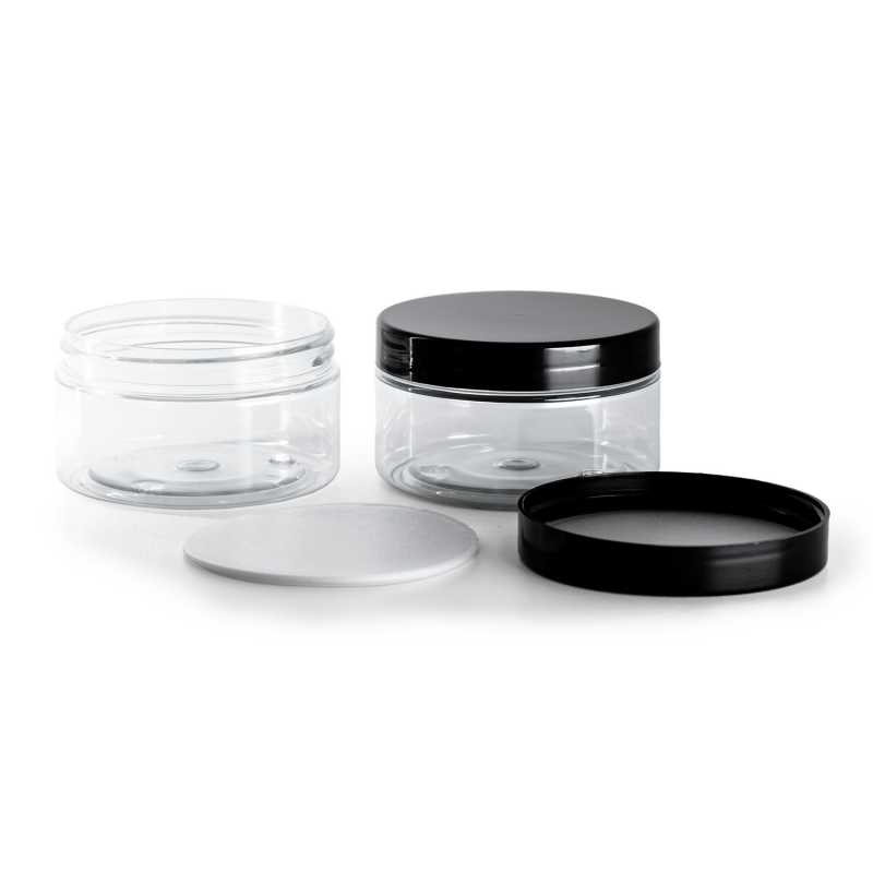 Transparent Plastic Jar, Black Plastic Lid With Induction Liner, 100 ml