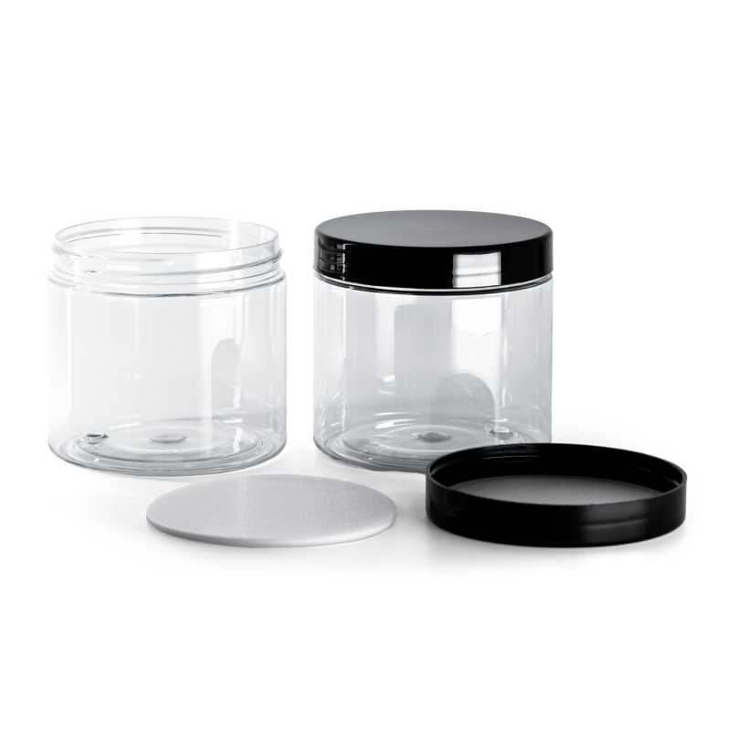 Transparent Plastic Jar, Black Plastic Lid With Induction Liner, 200 ml