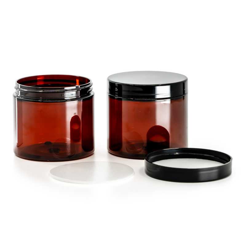 Amber Plastic Jar, Black Plastic Lid With Induction Liner, 200 ml