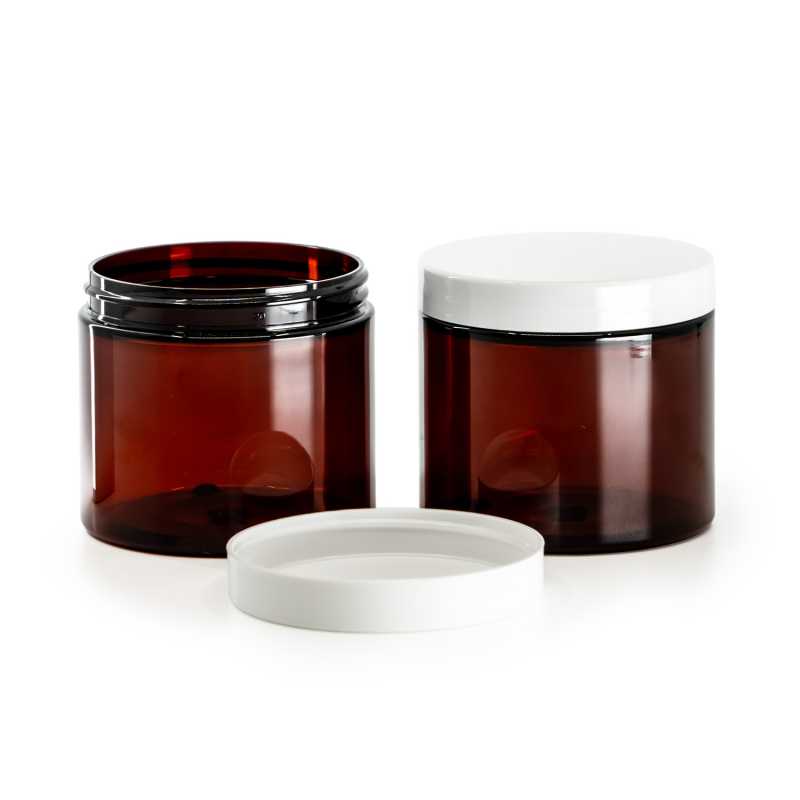 Amber Plastic Jar, White Lid 200 ml