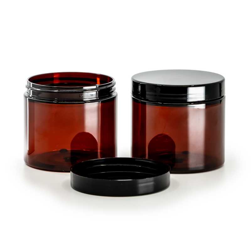 Amber Plastic Jar, Black Lid 200 ml