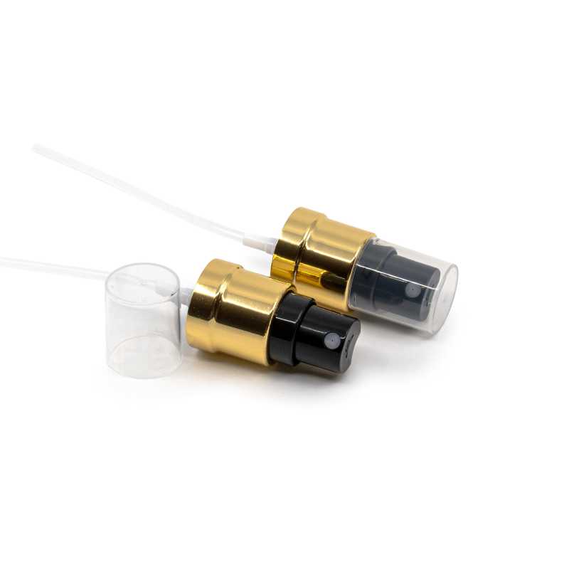 Black-gold plastic dispenser with transparent cap, suitable for bottle with neck diameter 18 mm.Neck: 18/415Length of tubing: 115 mm
Dosage: 0,14 ml eachMateri