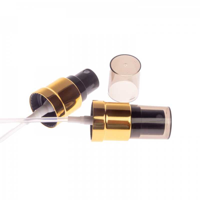 Black and gold plastic atomizer with transparent smoke cap, suitable for bottle with neck diameter 18 mm.Neck: 18/415Length of tubing: 115 mmDosage: 0,14 ml eac