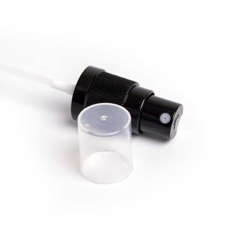 Black plastic dispenser with transparent cap, suitable for bottle with neck diameter 18 mm.Neck: 18/415Length of tubing: 85 mmMaterial: polypropylene, polyethyl