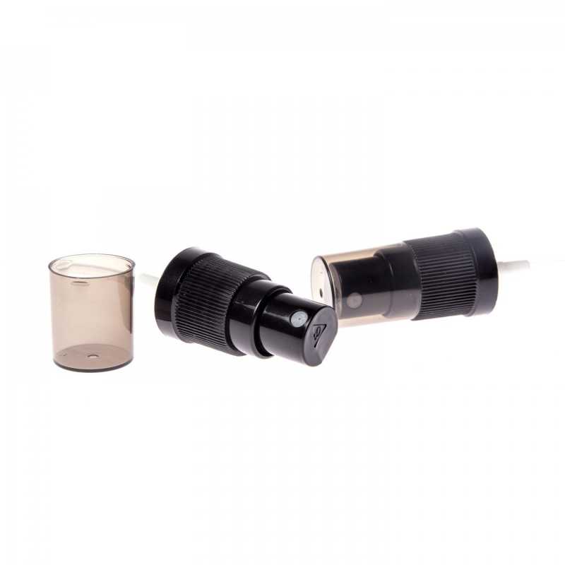 Black plastic atomizer with black cap, suitable for bottle with neck diameter 18 mm Nozzle: 18/415Length of tubing: 115 mmMaterial: polypropylene, polyethylene
