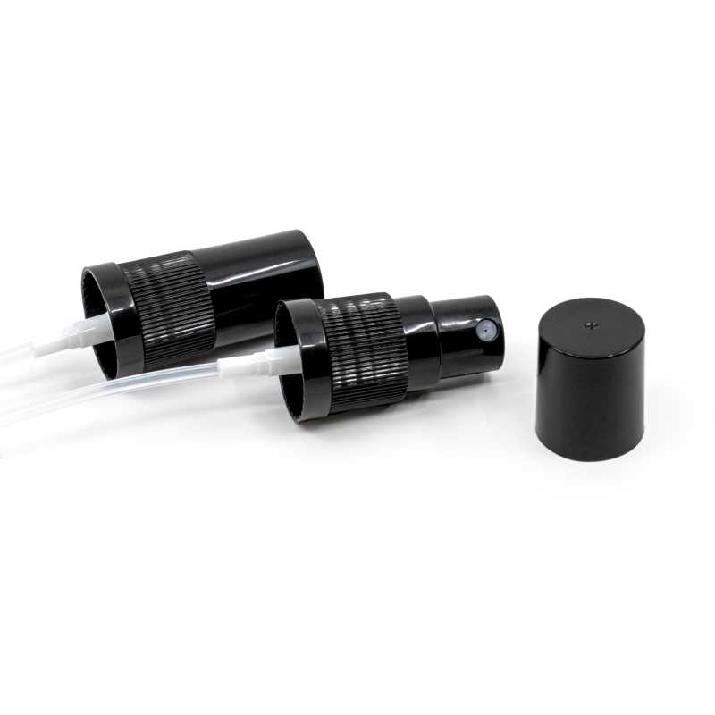 Black plastic atomizer with black cap, suitable for bottle with neck diameter 18 mm Nozzle: 18/415Length of tubing: 115 mmMaterial: polypropylene, polyethylene
