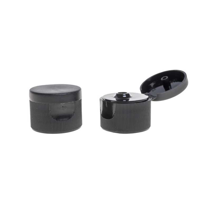 Plastic lid with hinged flip top mechanism in black finish. 
Diameter 24/410.
Please note that by purchasing our product you assume responsibility for its use