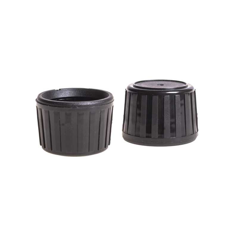 Black plastic high cap for glass vials with a 28mm diameter cap and a locking ring that releases when the bottle is opened for the first time.
Colour: blackMat